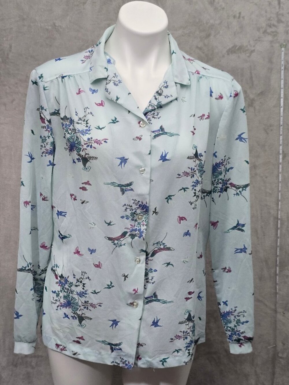 Vintage 80s Sheer Bird Print Blouse Queen Casuals Secretary Geek USA L